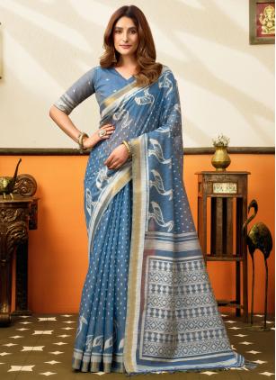 
                      Aqua Blue Cotton Printed Work Contemporary Saree