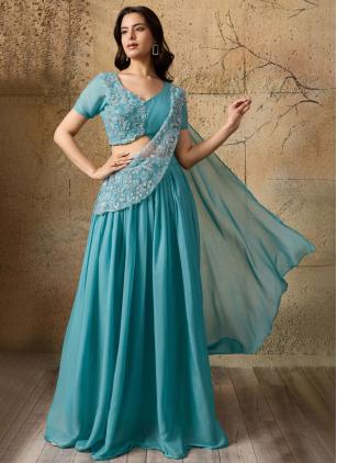 
                      Aqua Blue Cut Dana Imported Readymade Lehenga Choli