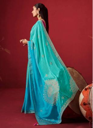 
                      Aqua Blue Embroidered Crepe Silk Classic Saree