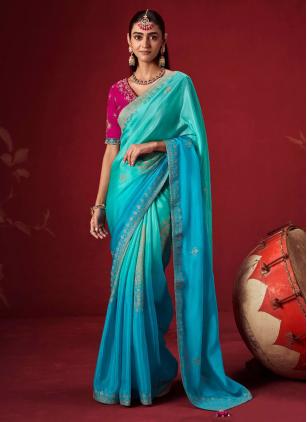 
                      Aqua Blue Embroidered Crepe Silk Classic Saree