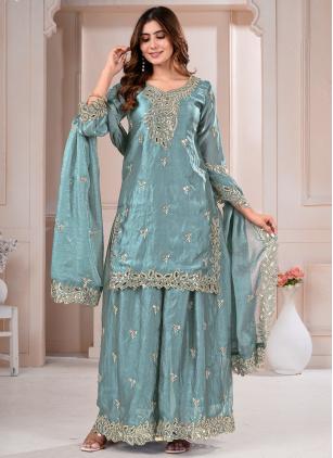 
                      Aqua Blue Embroidered Fandy Palazzo Salwar Kameez