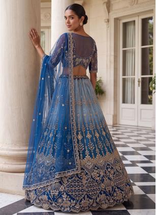 
                      Aqua Blue Net Embroidered Trendy Lehenga Choli
