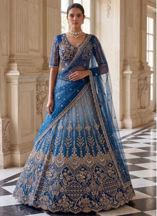 
                      Aqua Blue Net Embroidered Trendy Lehenga Choli