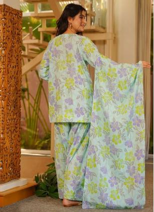 
                      Aqua Blue Digital Print Cotton Readymade Salwar Suit