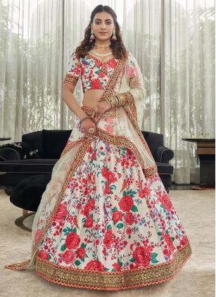 
                      Art Silk Digital Print Red and White Trendy Lehenga Choli