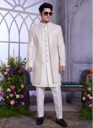 
                      Cream Embroidered Art Silk Indo Western for Wedding