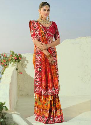 
                      Traditional Beads Moti Work Patola Silk Orange Trendy Saree