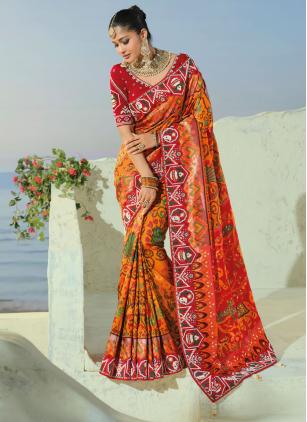 
                      Traditional Beads Moti Work Patola Silk Orange Trendy Saree
