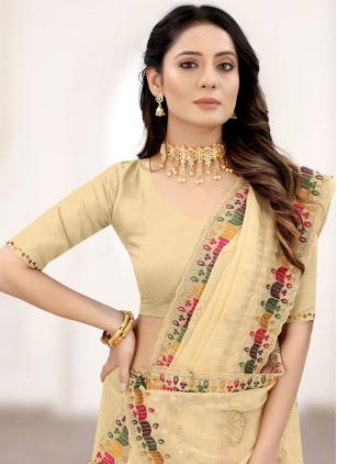 
                      Beige Embroidered Faux Georgette Classic Saree