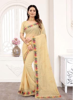 
                      Beige Embroidered Faux Georgette Classic Saree