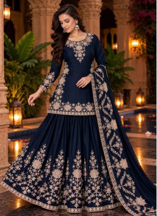 
                      Attractive Blue Chinon Embroidered Lehenga Choli