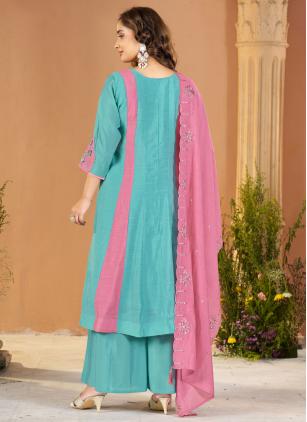 
                      Aqua Blue Chanderi Readymade Salwar Kameez For Eid