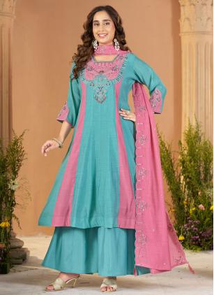
                      Aqua Blue Chanderi Readymade Salwar Kameez For Eid