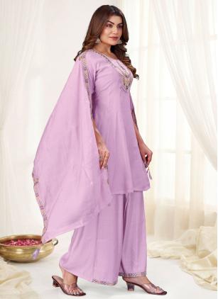 
                      Chanderi Lavender Embroidered Palazzo Salwar Kameez