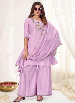 
                      Chanderi Lavender Embroidered Palazzo Salwar Kameez