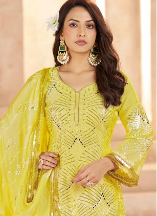 
                      Chinon Embroidered Yellow Readymade Salwar Kameez