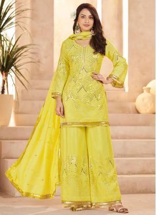 
                      Chinon Embroidered Yellow Readymade Salwar Kameez