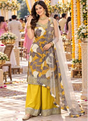 
                      Attractive Embroidered Chinon Multi Colour Palazzo Salwar Kameez
