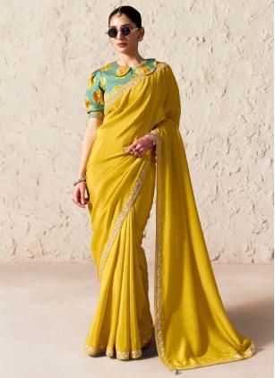 
                      Embroidered Fancy Fabric Ceremonial Yellow Saree