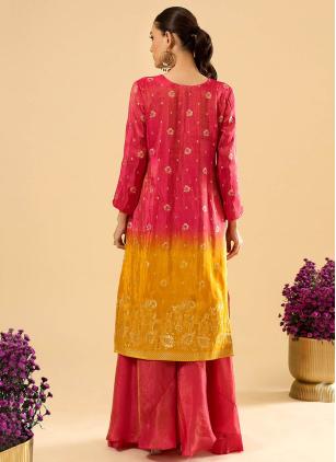 
                      Jacquard Embroidered Mustard and Pink Readymade Salwar Kameez