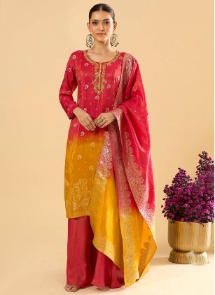 
                      Jacquard Embroidered Mustard and Pink Readymade Salwar Kameez
