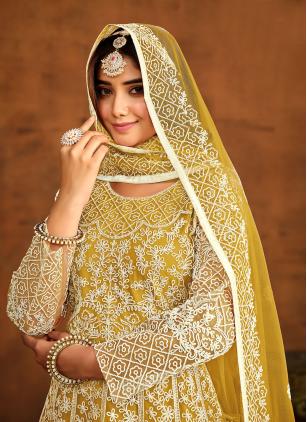 
                      Mustard Net Embroidered Anarkali Salwar Kameez