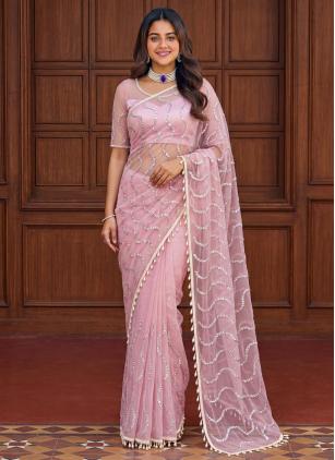 
                      Attractive Pink Net Sequins Work Contemporary Saree
