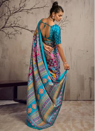Ajrakh Print Multi Colour Satin Saree - 1