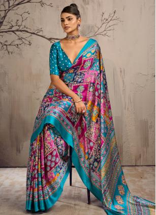 Ajrakh Print Multi Colour Satin Saree - 2