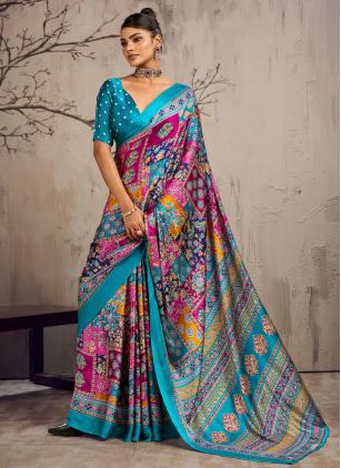 Ajrakh Print Multi Colour Satin Saree