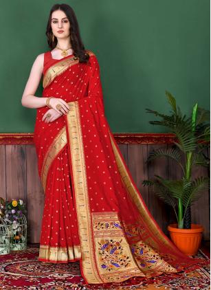 
                      Red Weaving Silk Festival Trendy Saree