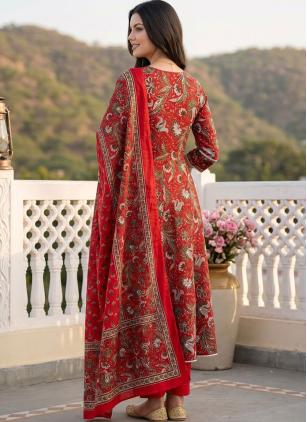 
                      Red Cotton Printed Trendy Salwar Kameez