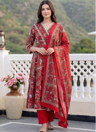 
                      Red Cotton Printed Trendy Salwar Kameez