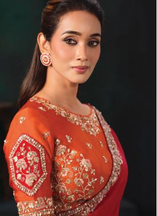 
                      Red Satin Silk Embroidered Contemporary Saree