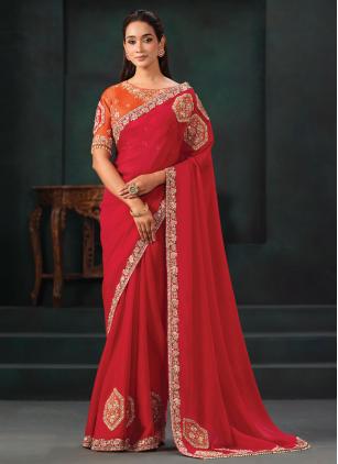 
                      Red Satin Silk Embroidered Contemporary Saree