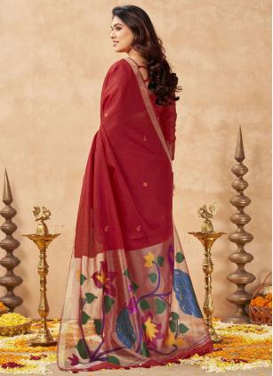 
                      Red Linen Silk Saree For Casual and Festival