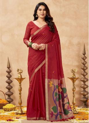 
                      Red Linen Silk Saree For Casual and Festival