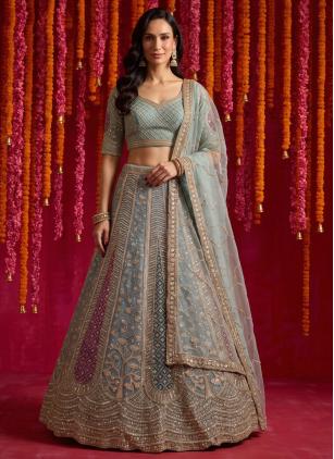 
                      Turquoise Net Sequins Work Lehenga Choli