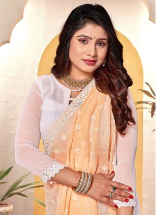 
                      Attractive White and Yellow Embroidered Georgette Classic Saree