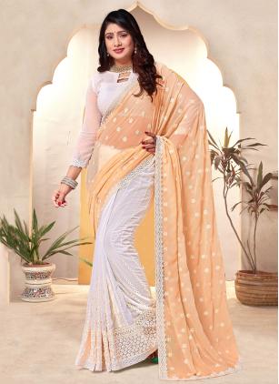 
                      Attractive White and Yellow Embroidered Georgette Classic Saree