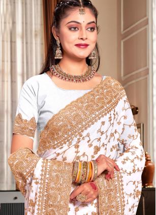 
                      Georgette White Diamond Cord Work Classic Saree