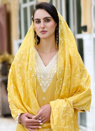 
                      Embroidered Yellow Silk Blend Pant Style Suit
