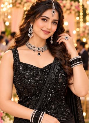 
                      Beads Work Black Classic Readymade Saree