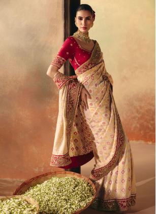
                      Pure Georgette Beads Work Cream Trendy Saree