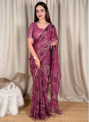Beads Fandy Satin Pink Trendy Saree