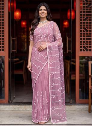
                      Beads Work Festival Pink Net Classic Saree