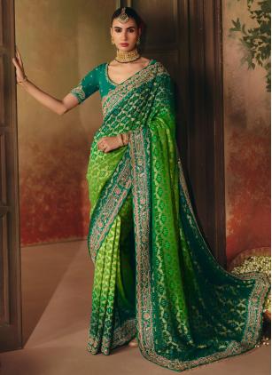Beads Work Green Pure Georgette Saree