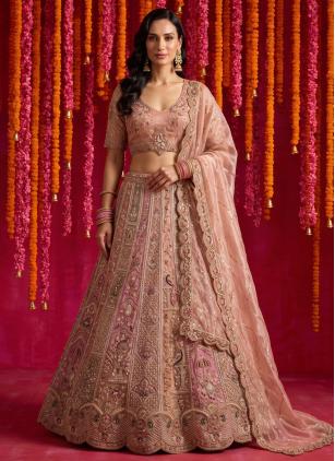 
                      Organza Peach and Pink Beads Work Designer Lehenga Choli