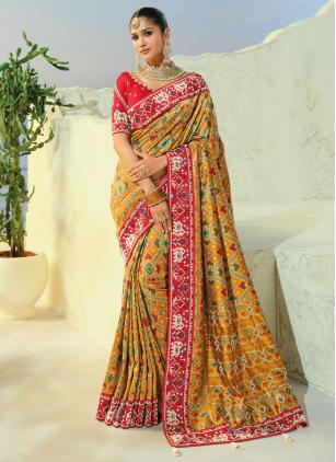
                      Mustard Handwork Beads Patola Silk Classic Saree