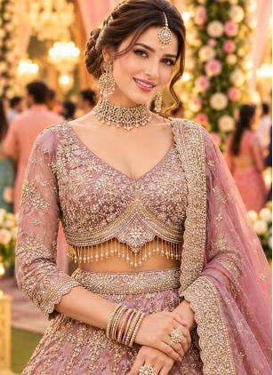 
                      Embroidered Beads Pink Readymade Wedding Lehenga Choli